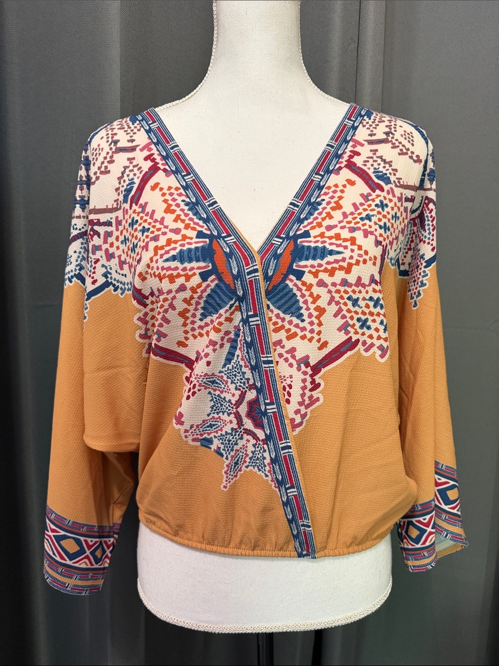 Flying Tomatoe Mustard Printed V-Neck Boho Crop Elastic Top Med